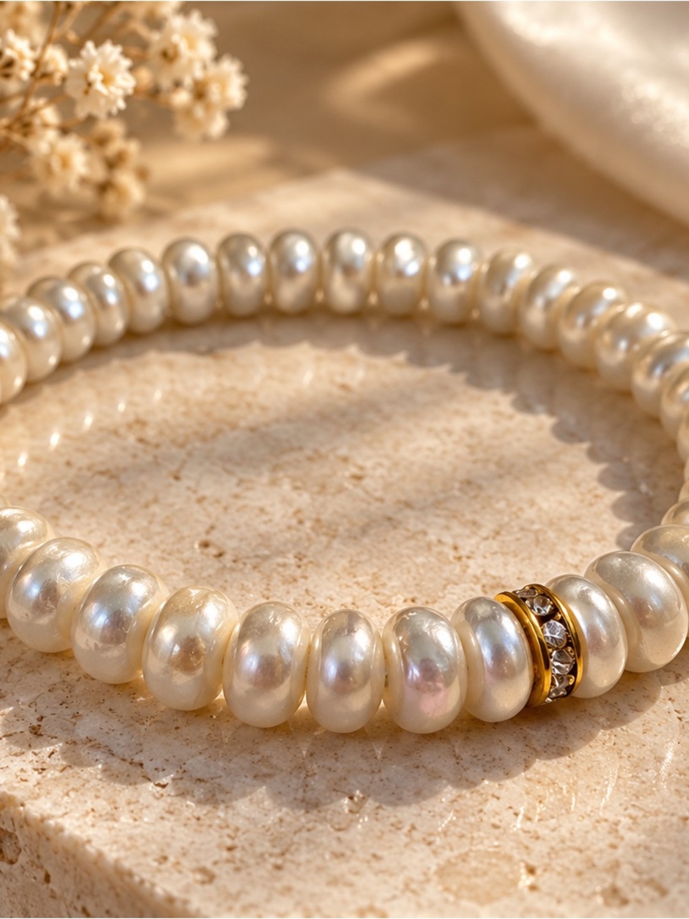 Classic Cream Pearl Stretch Bracelet with Gold Accent